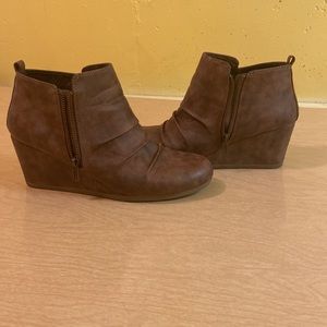Maurice’s, 11, faux leather brown wedged, ankle boot